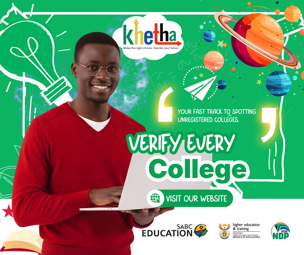 SABCEducation's tweet photo. Protect yourself from enrolling at
bogus colleges.
Access Department of Higher
Education register to confirm that
your chosen college and qualification
are fully legally registered.
visit https://t.co/NXAuWeWWPk
college
#CareerHelp #SafeStudy #DHET
#RegisteredColleges https://t.co/qlCx854KxH