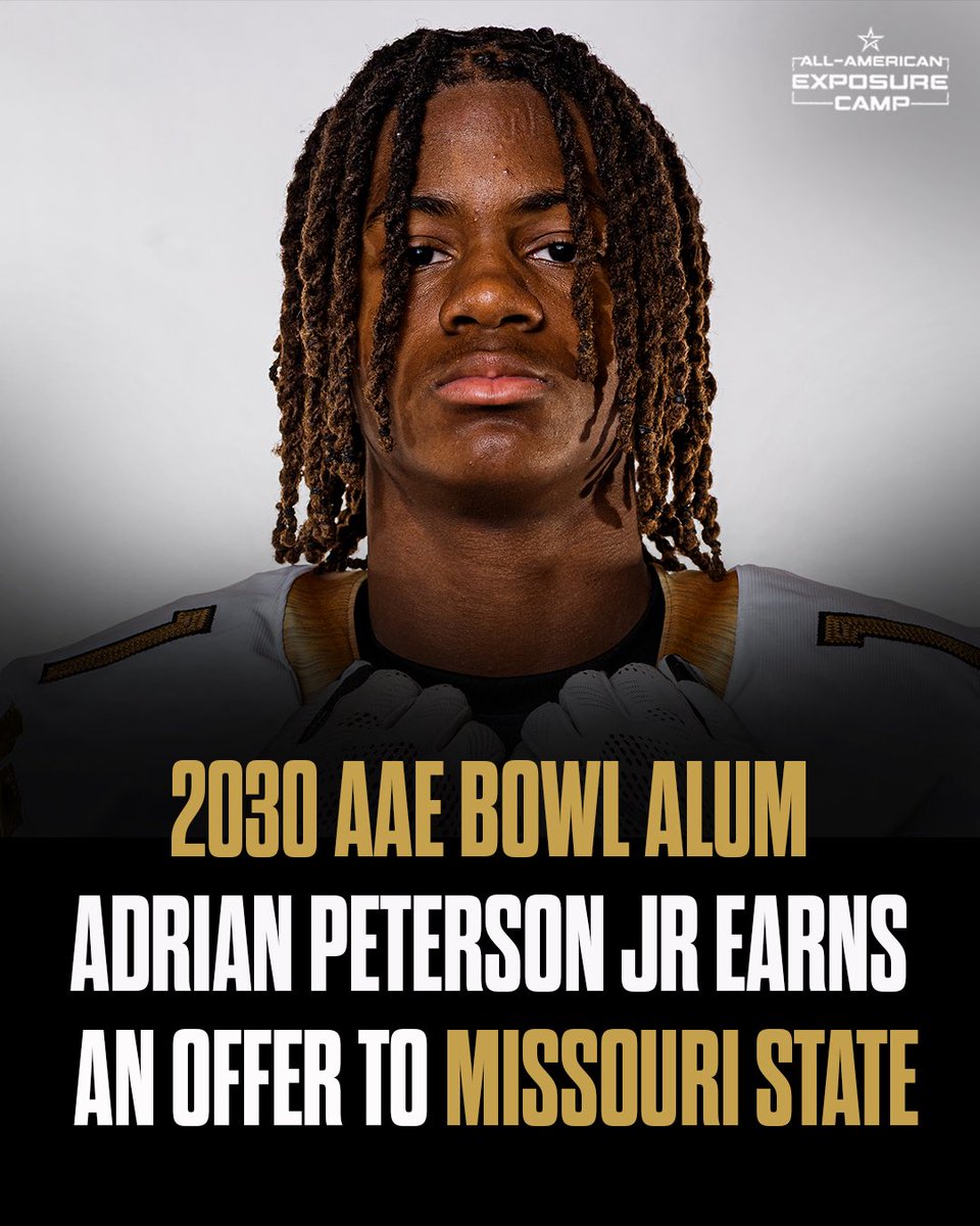 AAECamp's tweet photo. AAE Bowl Alum and MVP receives offer to Missouri State University with many more to come. 

He’s a prime example of hard work and consistency.💪

#AAECamp 
#AAEBowl 
#WherePlaymakersFinish 
#Offers https://t.co/8OZ2rmEnro