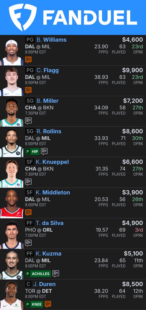 TheDFSDingo's tweet photo. NBA 3/31 MAIN SLATE

I’m almost like in this lineup a little too much. I feel like Flagg and kon have a night

LETS GET IT 🫡

#NBA #Fanduel  #Draftkings  #DFS #NBADFS #NBABETS #DFSDINGO https://t.co/bnhifgymYi