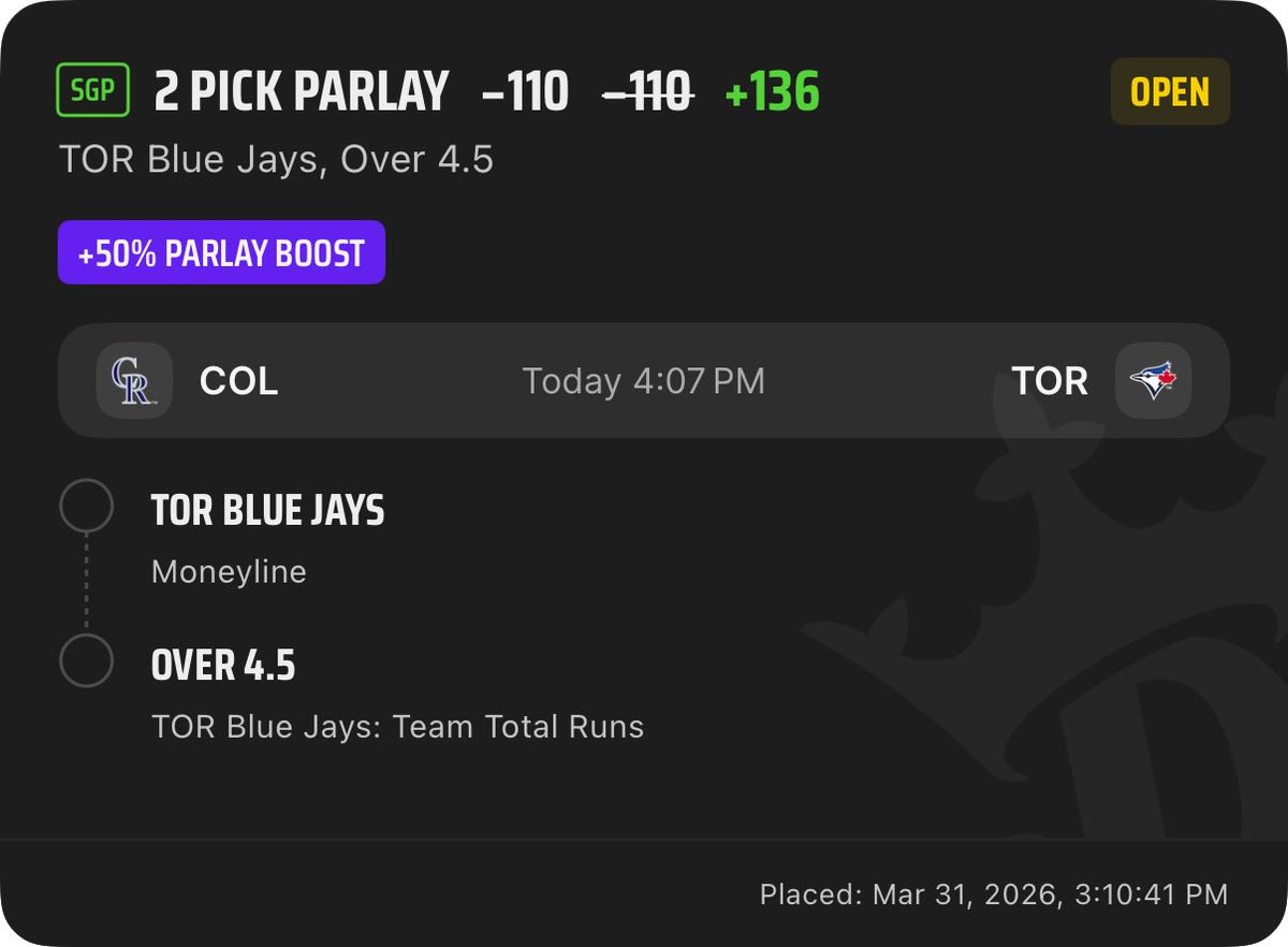 rickychalk20's tweet photo. @TheVicMonte Like the logic. I went close to the same route. May do dodgers ml/ o4.5 TT as well. https://t.co/f2MhLERqnu
