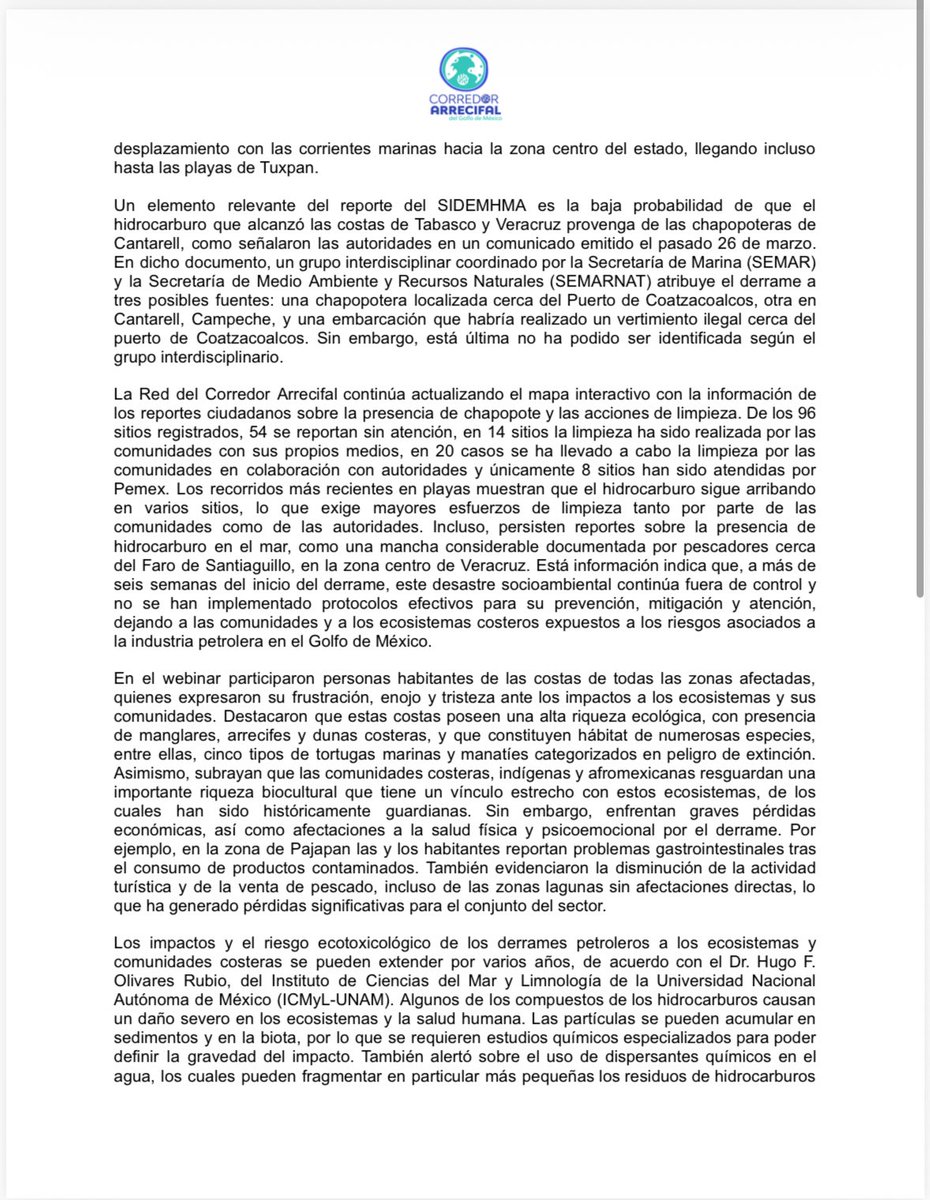 ernesto_mendez's tweet image. #Chapopote #ALERTA ‼️
Los integrantes de la Red Corredor Arrecifal del Golfo de México informaron que el derrame petrolero se extiende hasta #Tamaulipas y suma un total de 933 kilómetros de línea de costa, abarcando 96 sitios contaminados.