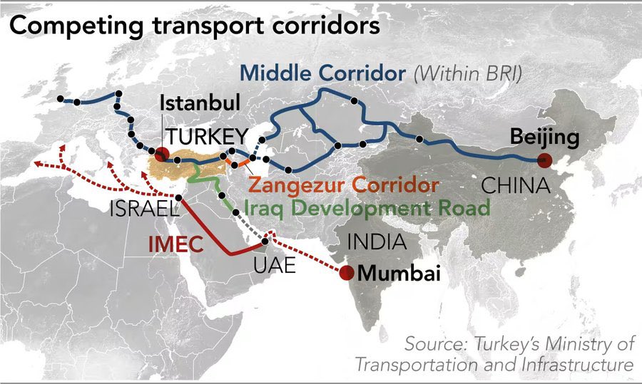 hippyresident's tweet photo. Netanyahu needed this war with Iran and the Russia/Ukraine conflict to make his trade pipeline possible.   The India-Middle East-Europe Economic Corridor plan connects all these regions by ship, rail and gas pipeline corridors, which will all flow directly through Israeli ports on the Mediterranean. 

From India to Western Europe…