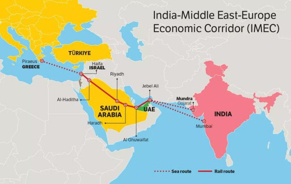 hippyresident's tweet photo. Netanyahu needed this war with Iran and the Russia/Ukraine conflict to make his trade pipeline possible.   The India-Middle East-Europe Economic Corridor plan connects all these regions by ship, rail and gas pipeline corridors, which will all flow directly through Israeli ports on the Mediterranean. 

From India to Western Europe…