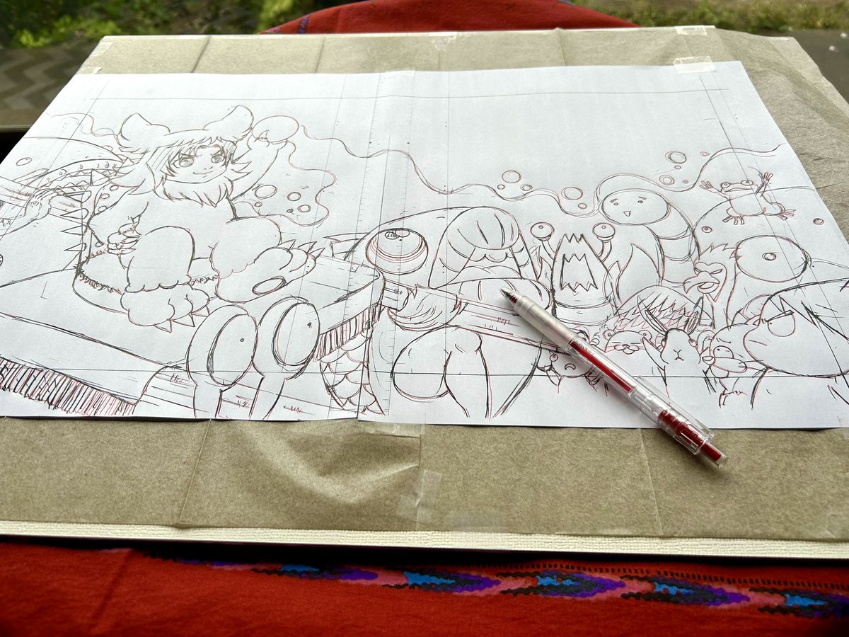 実家でパプワ絵本の作業中。 原稿用紙に描いた下描きを拡大コピーして 