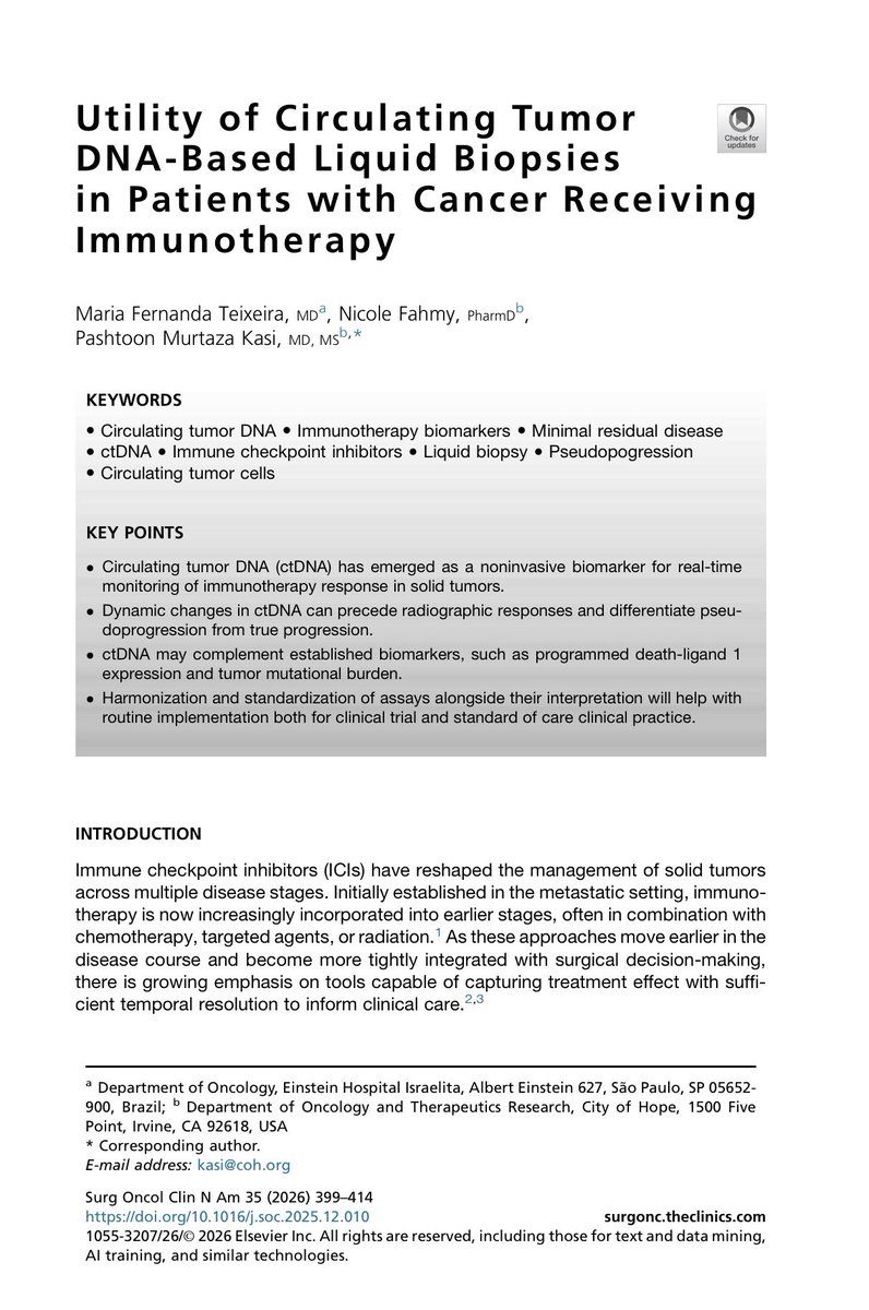 pashtoonkasi's tweet image. Crossed 160 publications📝today.

✍🏽Building upon #immunotherapy💉, novel clinical trials,  and #liquidBiopsies🩸 for patients with colorectal cancer and other malignancies.

Latest article with⭐️@mariaf_teix 🔗: @OncoAlert 
sciencedirect.com/science/articl… 

@cityofhopeoc #CRCSM #cancer