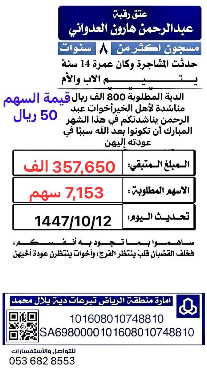 abu_abdulah_90's tweet photo. رساله ارسلها لمن عهدنا منهم كل خير كتب الله لهم عظيم الأجر والثواب وجعل كل مايقدمونه سببًا في تفريج كرباتهم وصلاحا لنياتهم وذرياتهم وشفاءا لمرضاهم 
اخواني الكرام هذا الشاب فقد والده وهو حمل في بطن امه ثم بعد ولادته بأسبوع فقد والدته لينشأ يتيم الابوين وعندما اقترب من الخامسة عشر من عمره وقعت مشاجرة بينه وبين طرف اخر ومات رحمه الله في مرحلة عمرية يغلب عليها جانب الجهل بعواقب الامور وله في السجن ثمان سنوات وليس له بعد الله إلا الخيرين امثالكم والحساب رسمي بإسم إمارة منطقة الرياض دية بلال محمد رحمه الله فكن ممن يرحم فيرحم وجد ليجود الله عليك وقد اكرمتمونا ووقفتم معنا حتى لم يتبقى من ٨٠٠ الف سوى ٣٥٧ الف ولله الحمد والفضل والمنه شاركنا في سهم ال١٠٠ وكرر العطاء ولك اضعاف اضعافه من رب كريم رحيم