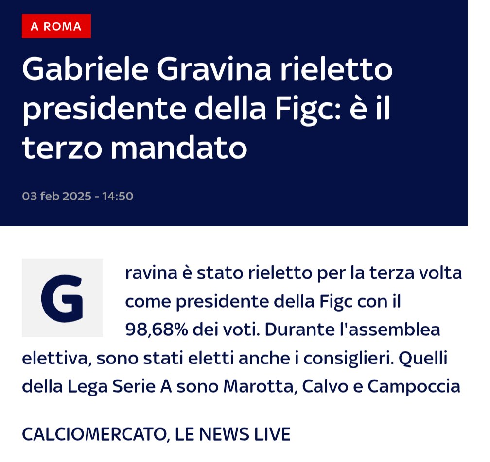 Quando capirete che Gravina è solo un problema effimero, sarà tardi.

IL PROBLEMA È SISTEMICO.

Un tizio che ha fallito l'ingresso ai mondiali e viene rieletto con percentuali bulgare, implica che il sistema è marcio, a cominciare dai presidenti delle squadre di Serie A.