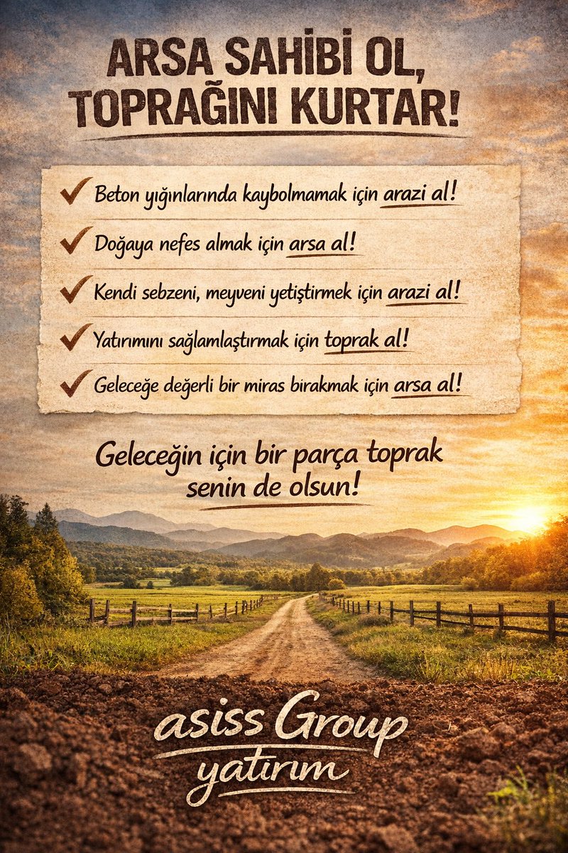 asissgroup's tweet photo. 🌱 Toprak alın, hayatınıza değer katın!

📌 Beton arasında kaybolmayın, toprak alın.
📌 Kendi nefes alanınızı yaratın, toprak alın.
📌 Sağlıklı gıdanız olsun, toprak alın.
📌 Geleceğinizi güvenceye alın, toprak alın.
📌 Nesillere bırakacağınız mirasınız olsun, toprak alın.

💡 Ne yapın edin, küçük de olsa kendi toprağınız olsun.
#asissgroup #arsa  #yatırım #toprak