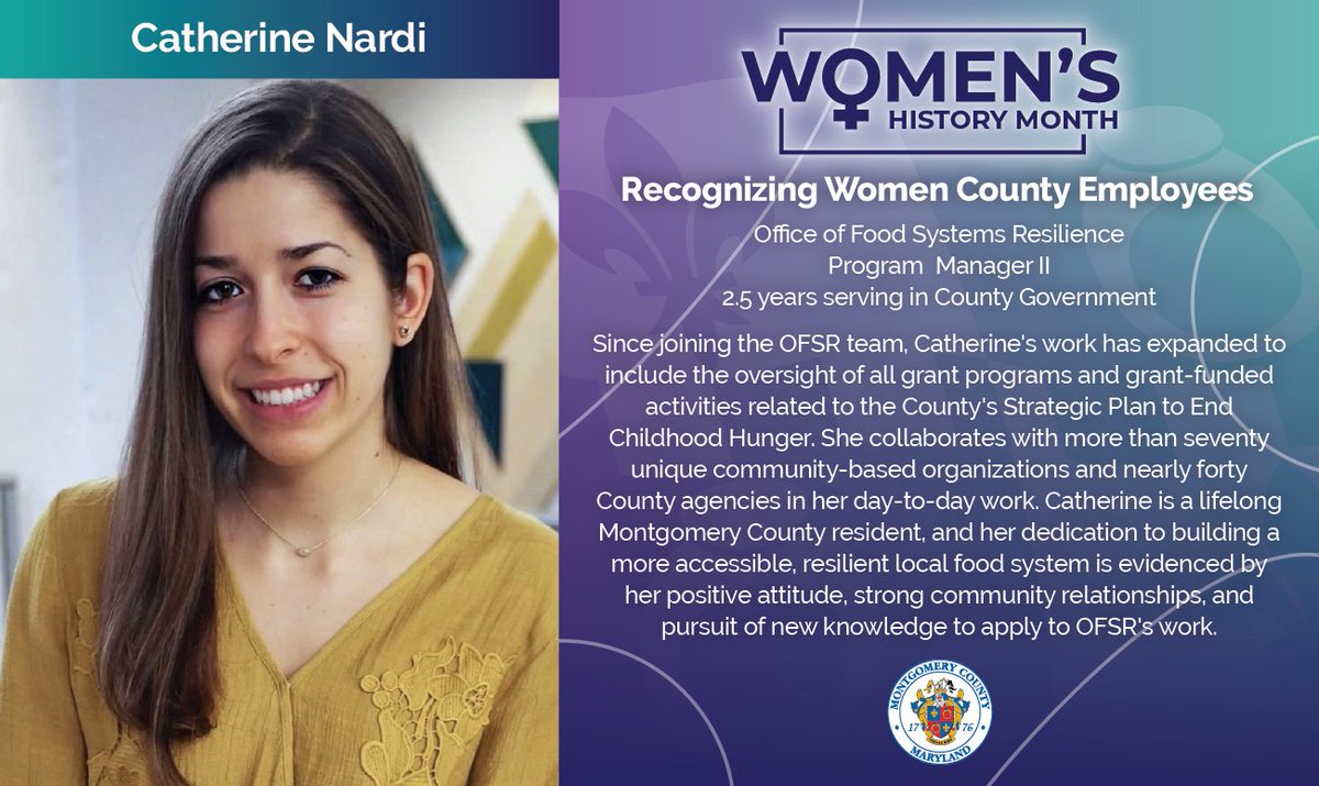 MontgomeryCoMD's tweet image. Catherine Nardi from the Office of Food Systems Resilience is dedicated to helping build a more accessible &amp;amp; resilient local food system to help residents. She has  been with the County 2 1/2 years and her work has already had a big impact.  Thanks. #WomensHistoryMonth #MocoWHM