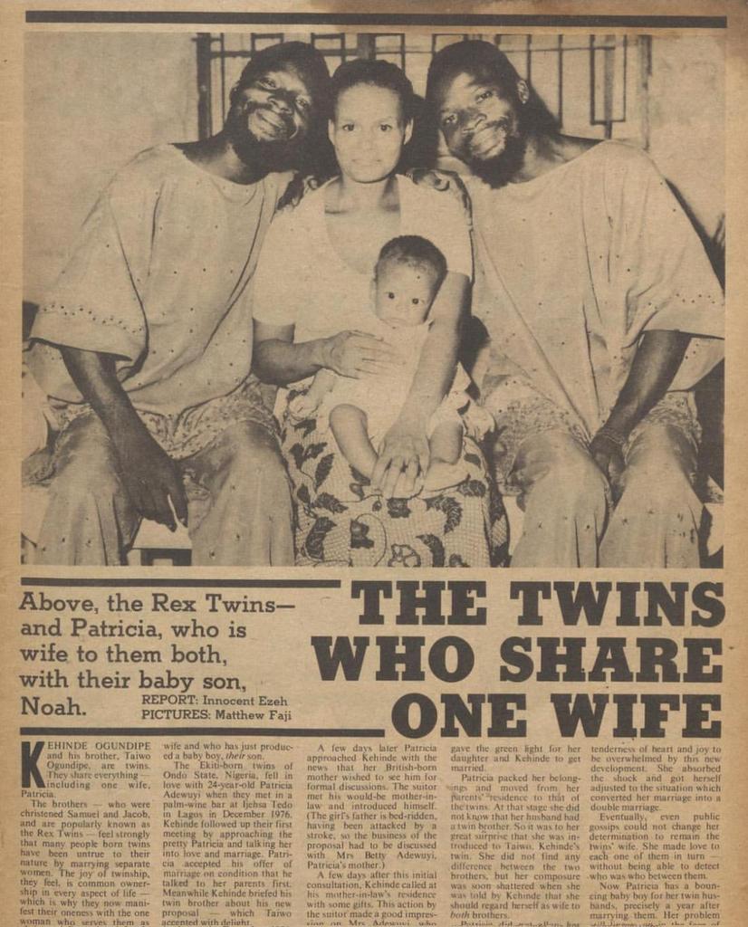 ONE WIFE, TWO HUSBANDS: THE STRANGE VOW OF THE REX TWINS

​They say twins share everything, clothes, secrets, and even thoughts.
But in 1970s Lagos, two brothers took "oneness" to a level that shocked the entire nation.
​It began in December 1976. Kehinde Ogundipe met a