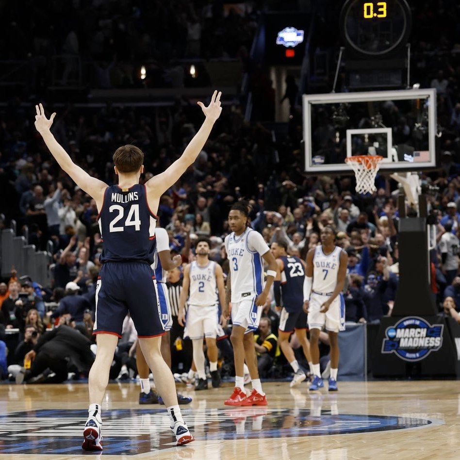 ClutchPoints's tweet photo. Braylon Mullins' game-winner to lift UConn over Duke in the Elite Eight on Sunday peaked at 18.9 million viewers, CBS announced.

(📸: Geoff Burke/Imagn) https://t.co/LpMNjNHxGV