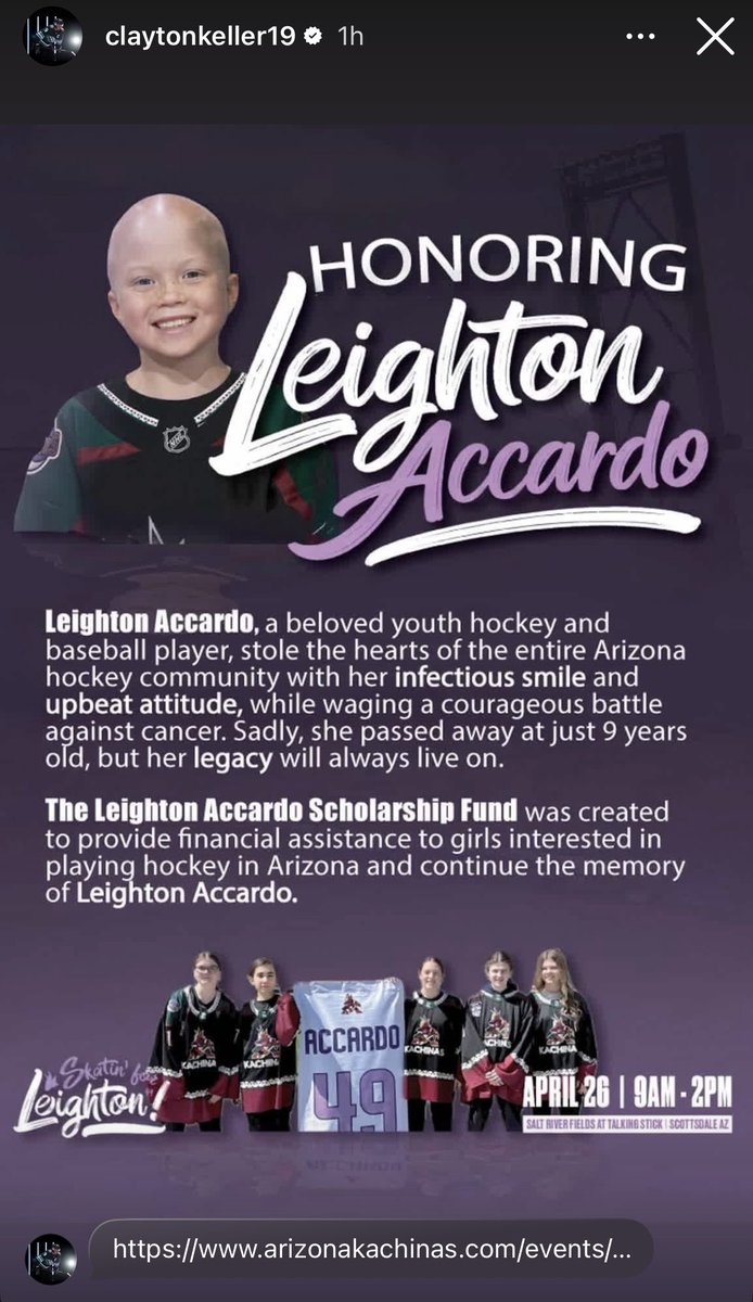 PHNX_Hockey's tweet photo. Clayton Keller shows support for Skatin' for Leighton on his Instagram story 💜

You can sign up for this year's event or donate here: https://t.co/H9slaO2bED https://t.co/VQcHrNCMYv