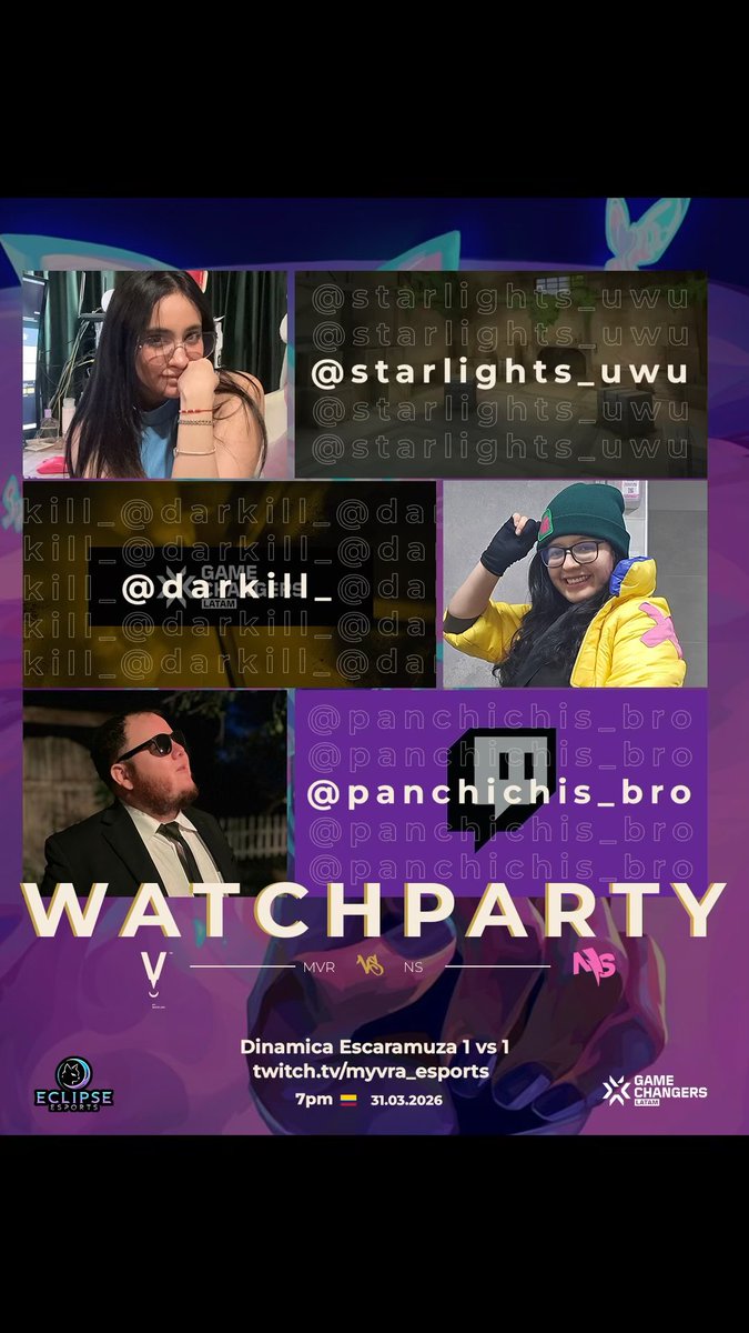 Myvraesports's tweet photo. WATCHPARTY🥳

Si señores, hoy hay watchparty de nuestro enfrentamiento en la Game Changers con @eclipse_esportss y por supuesto con nuestros invitados @darkill___ y @panchichis_bro, tendremos una dinamica de 1vs 1 en escaramuza, asi que alla los esperamos🫵🏻

📺https://t.co/cc059SsfLe
🆚 @ggnosweat 
⌚️ 7pm 🇨🇴

#somosmyvra #gamechangerslatam #valorant