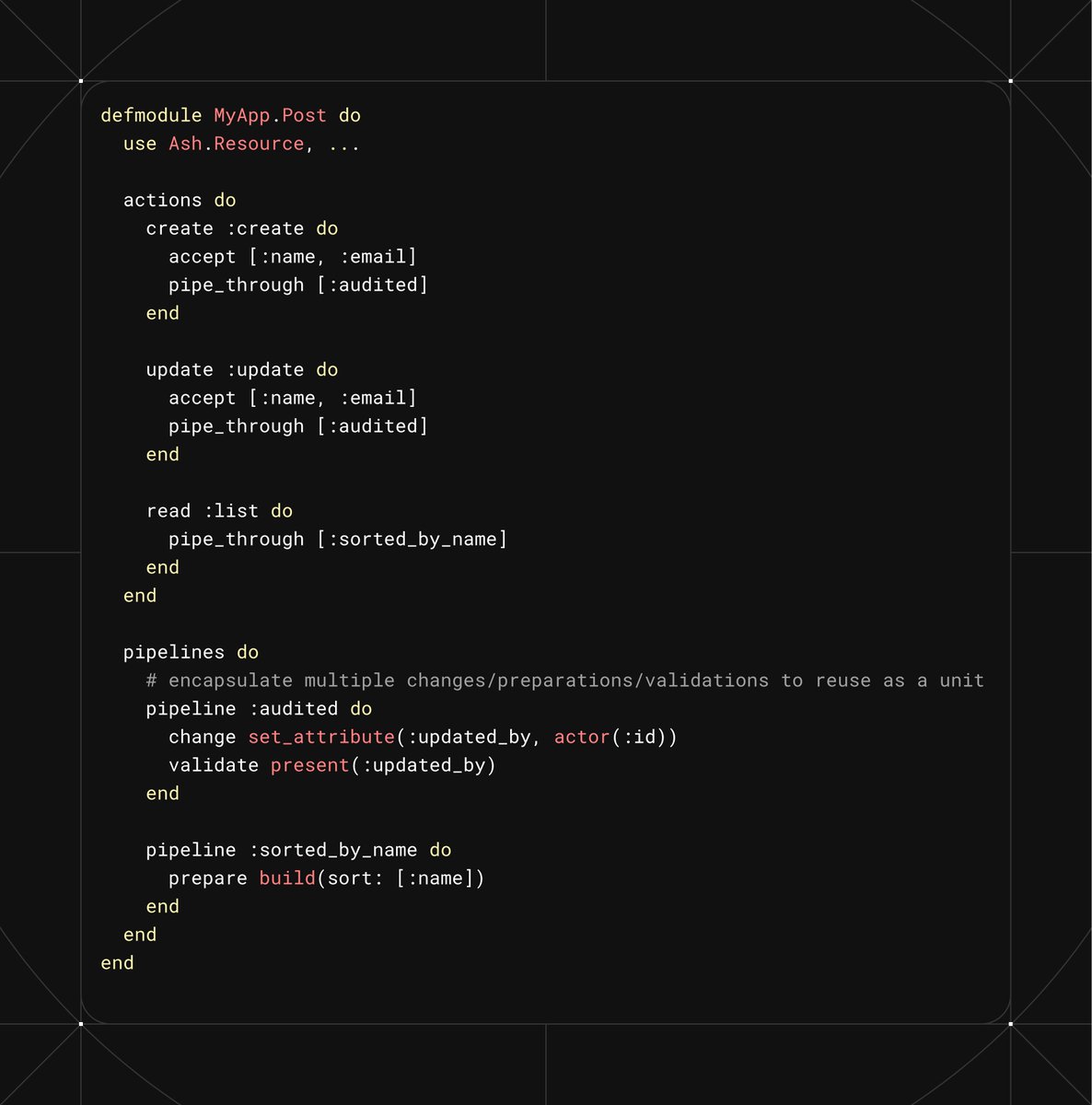 ZachSDaniel1's tweet photo. In the latest release of #AshFramework, you can encapsulate sets of changes/preparations/validations as "pipelines". More related features coming, but its already a great way to clean up duplicate actions. You can even use `where` to make the whole set conditional! 😎 #ElixirLang https://t.co/lOpOMMWgg2