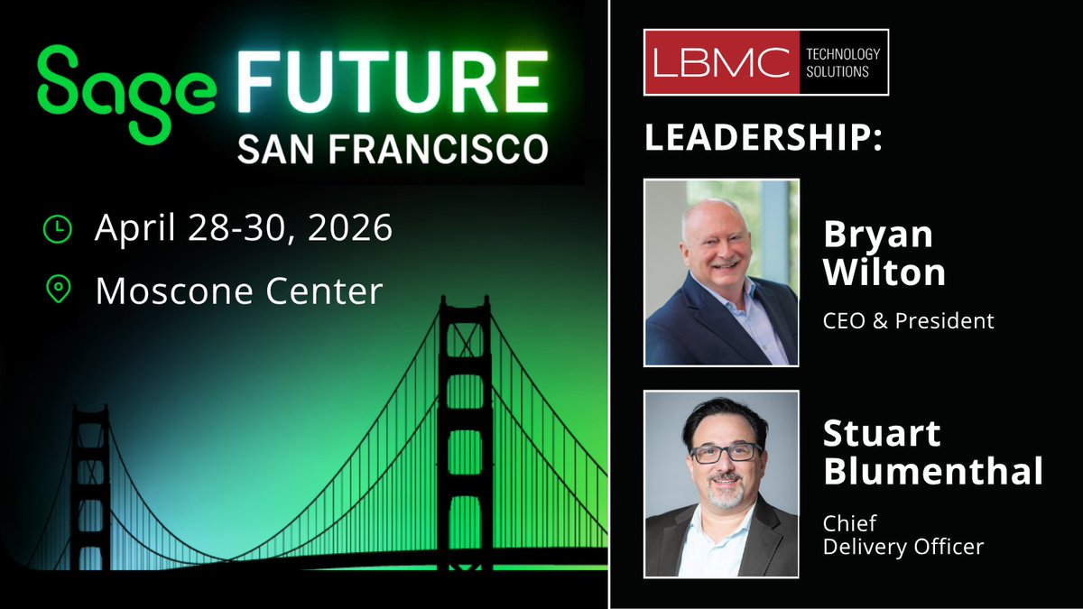 lbmctech's tweet photo. The LBMC Technology Solutions team is heading to Sage Future 2026 in San Francisco!

One of our favorite events—where innovation meets real-world strategy and meaningful conversations happen. https://t.co/sC2s5p4oGW