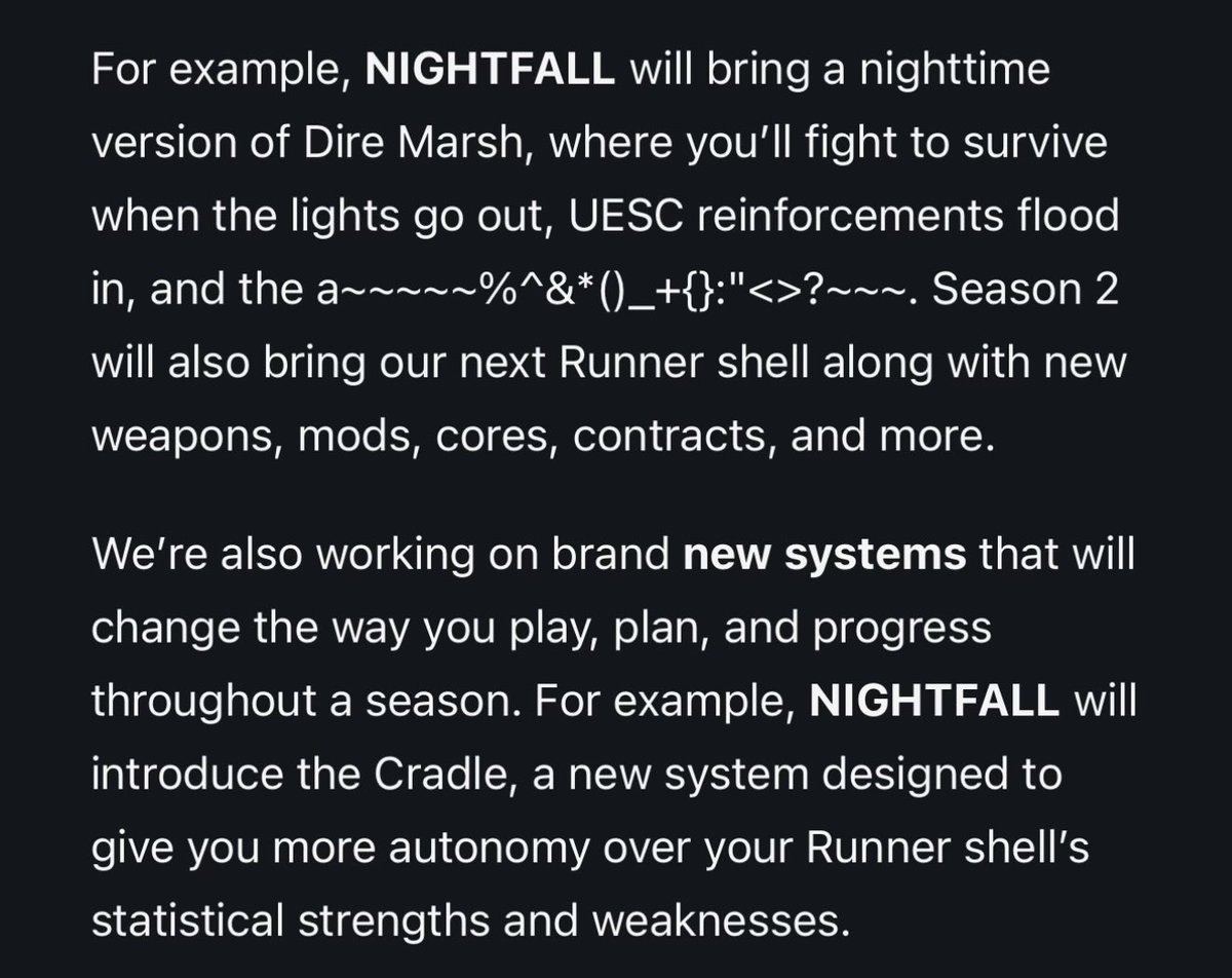 Aaahop's tweet photo. @Arrrrash @chrismiller558 And a new shell, retuning faction upgrades, the Cradle system. They have some redacted/scrambled element mentioned in the original post too https://t.co/blRah0oFe4