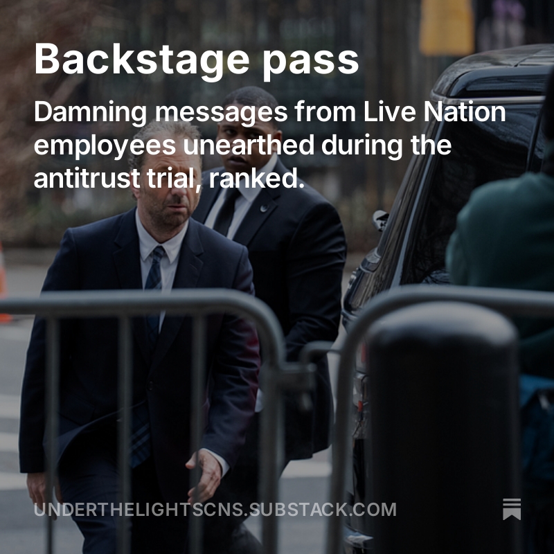 Today's edition of Under the Lights examines the most damning messages from Live Nation employees unearthed during the company's antitrust trial.

Read and subscribe for free: open.substack.com/pub/undertheli…