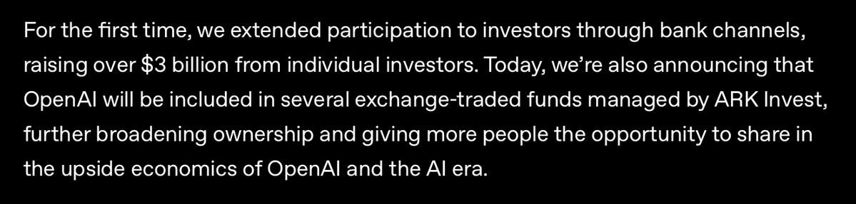 garrettroads's tweet photo. OpenAI just raised $122B at a $852B valuation. Buried in the announcement is something quite fascinating... 

1. Participation of individual investors through presumably private banking products HNWI
2. Inclusion of OpenAI in ETFs managed by ARK Invest - guessing it's probably $ARKVX

$ARKVX is about to be the next $VCX
