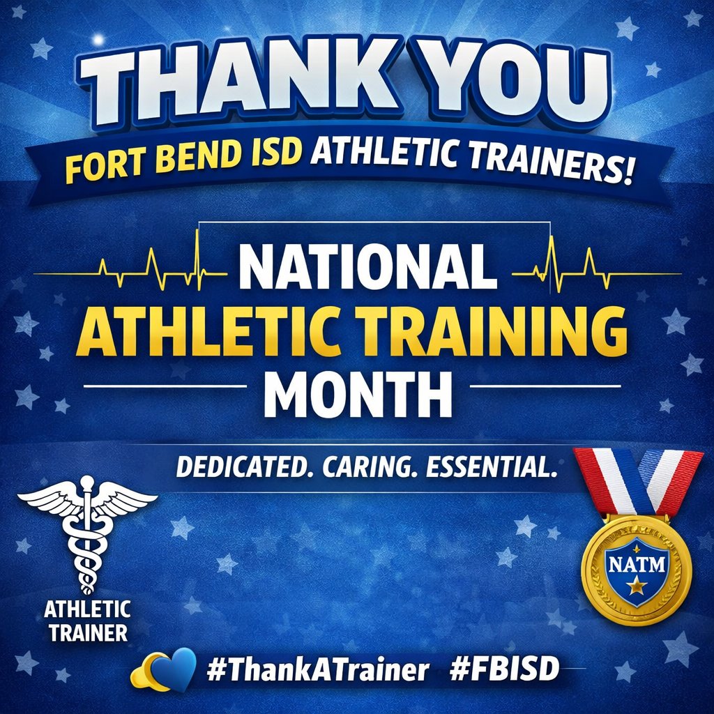 FBISDAthletics's tweet photo. Before the month of March comes to a close, we want to recognize and thank our incredible athletic trainers in Fort Bend ISD. Your dedication, care, and commitment to our student-athletes never go unnoticed. 💙🏅 #ThankATrainer #FBISD https://t.co/n6jMxIRGiW