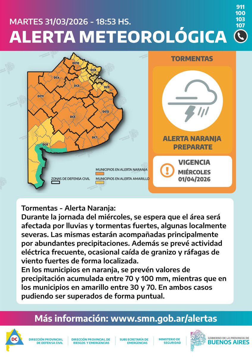 zaratetransito's tweet photo. ATN CONDUCTORES Y POBLACIÓN 
🟧🟨 Alerta Metereológica de @defensacivilpba para norte y noreste PBA, durante todo el miércoles.
⚠️ Considerar Advertencia oficial.
DC📱103
📱140 https://t.co/Bw5eiyb4hT