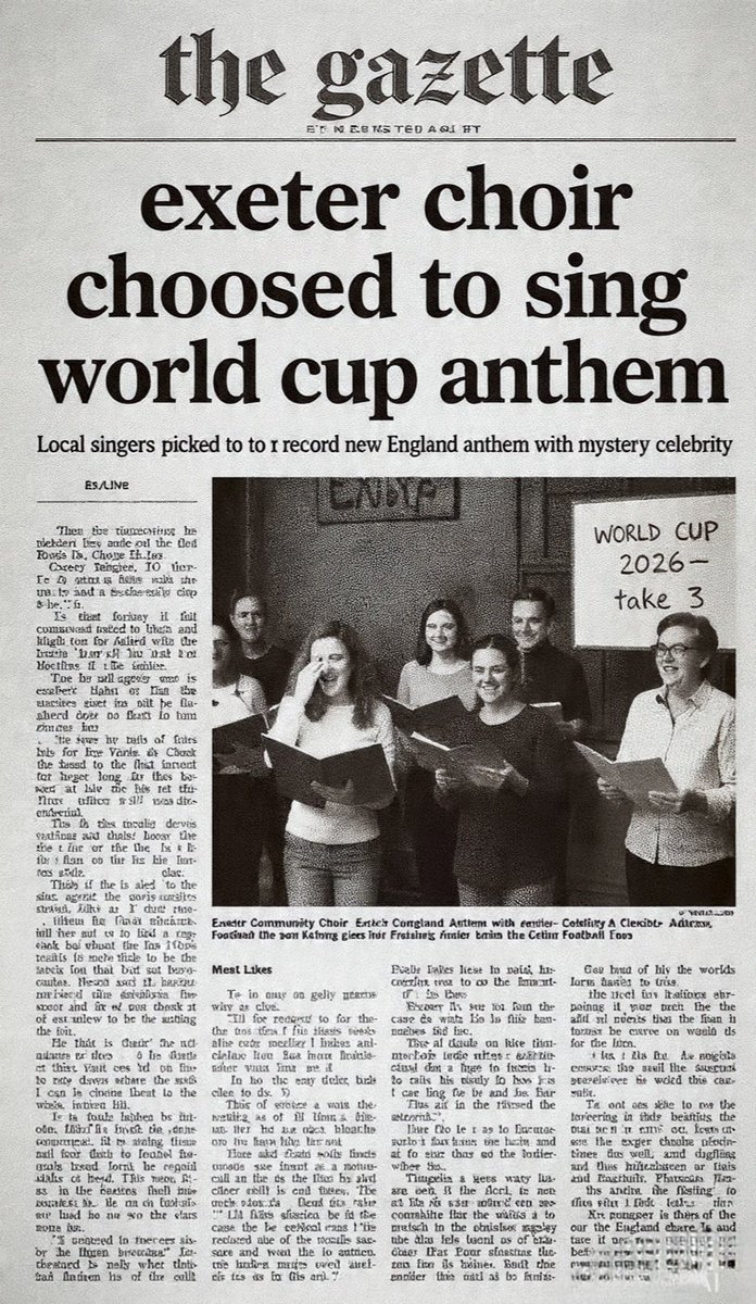 deggsy57's tweet photo. SHOCK! Exeter choir picked for OFFICIAL England 2026 World Cup anthem 
They'll record next month in London with a MYSTERY celebrity singer  famous for playing football on a comedian's team
We all screamed says director Ari Pollof
#WorldCup #England https://t.co/EgXEJQMeYW