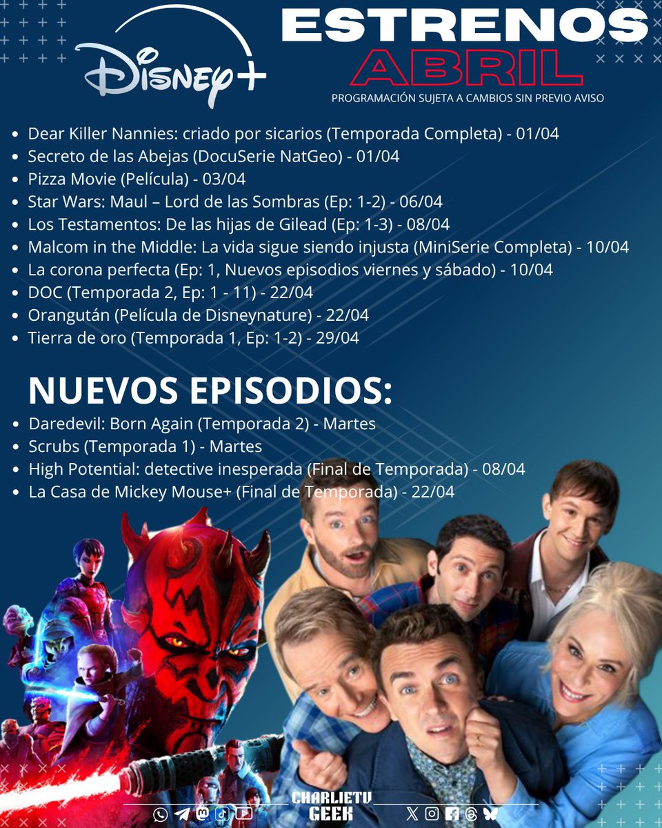 #BreakingNews 

Lo nuevo de #DisneyPlusLA para el mes de abril. 

#MaulLordDeLasSombras 
#MalcolmInTheMiddle #Daredevil