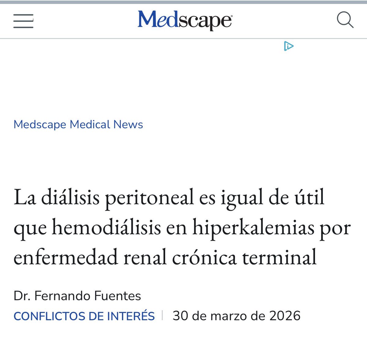 <a href="/Medscape/">Medscape</a> realizó una reseña de nuestro artículo recién publicado acerca del manejo de hiperkalemia con diálisis peritoneal, además participó la <a href="/DraMarili/">Lilia Rizo</a> con acertados comentarios.

Les dejo el link, vale la pena la lectura rápida y concisa 

espanol.medscape.com/viewarticle/di…