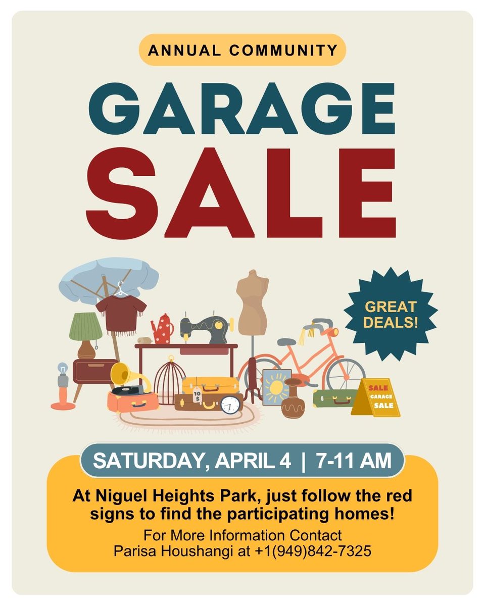 RealtorParisa's tweet photo. Laguna Niguel Community Garage Sale! Multiple homes will be participating, with plenty of treasures waiting to be found. Stop by for great deals and a fun neighborhood event. This Saturday April 4th- from 7 to 11 AM. Major Cross Streets are Moulton Pkwy. and Aliso Creek or Avila. https://t.co/ADfFAeBHBd
