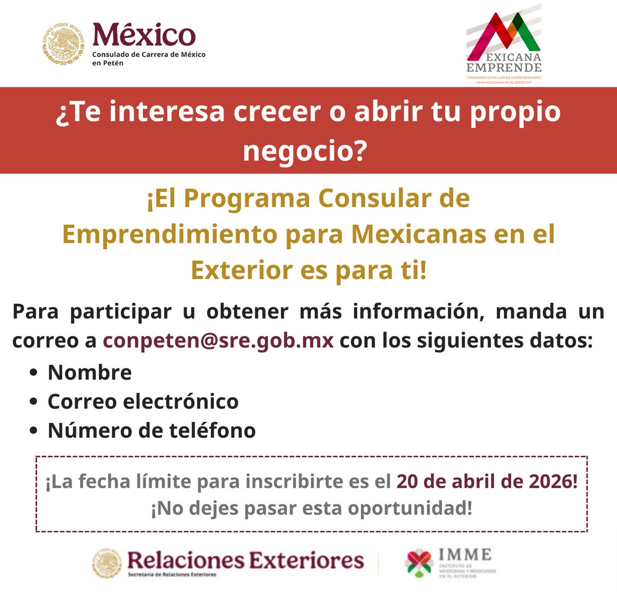 ¿Te interesa abrir o hacer crecer tu negocio?
¡Te invitamos a participar en la 7 edición del #PCEME desde Petén!
Un programa que impulsa a mujeres emprendedoras para llevar sus proyectos al siguiente nivel.
Convocatoria abierta del 31 de marzo al 15 de abril de 2026.
Escríbenos👇