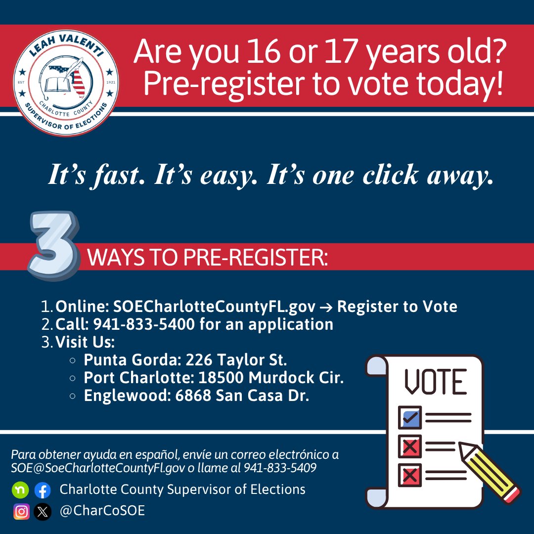 👀 16 or 17? This one’s for YOU.

Pre-register to vote now—quick, easy, done in minutes 🙌
💻 SOECharlotteCountyFL.gov
📞 941.833.5400
Get ahead of the game 🗳️ #YourVoiceYourVote