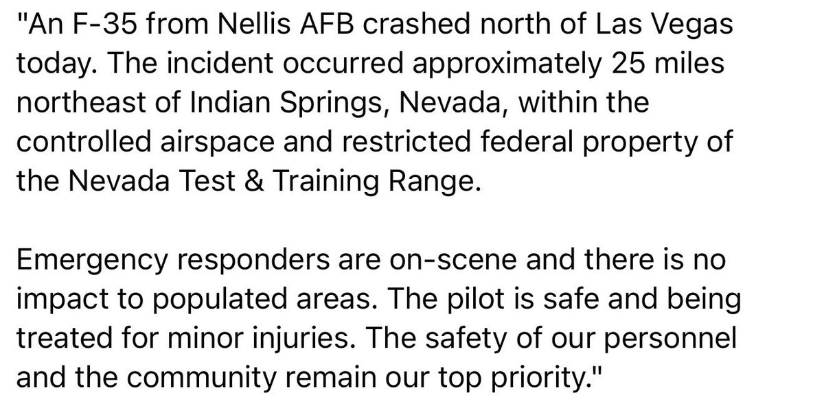 geotechwar's tweet image. 🚨 US Air Force F-35 jet crash at Nevada Test and Training Range, southern Nevada. Pilot ejected, safe w/ minor injuries. On restricted federal land N of Las Vegas. Nellis AFB confirms. #plane #crash