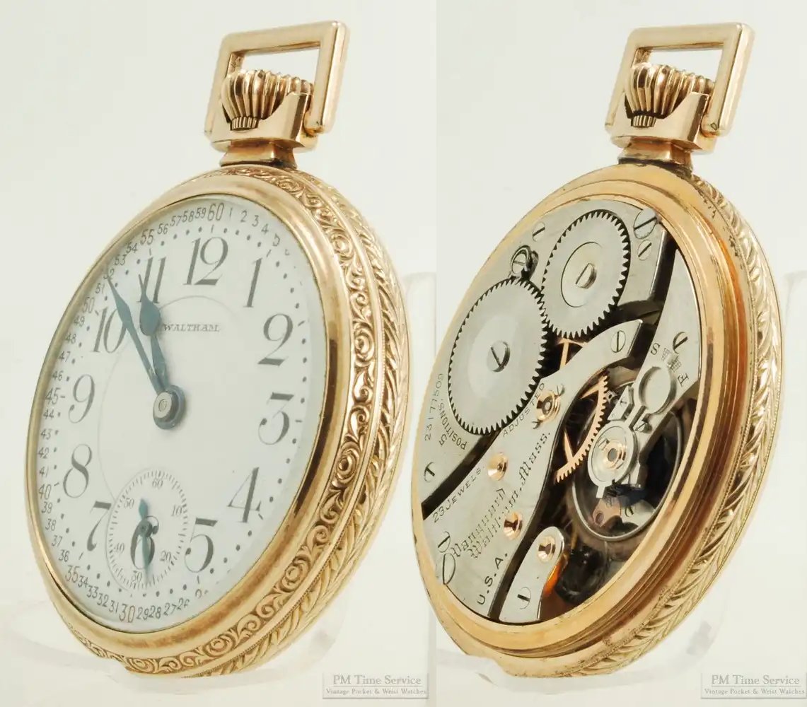 PMTimeService's tweet photo. A #vintage #railroad-grade Waltham "Vanguard" pocket watch, made 1919/20, with a 16-size 23-jewel movement adjusted to five positions, double-sunk Montgomery-style dial, in an impressive yellow gold (filled) engraved case with fancy vermicelli bezels: https://t.co/u5CF9Ab0Ta https://t.co/BWjJ9wmpgS