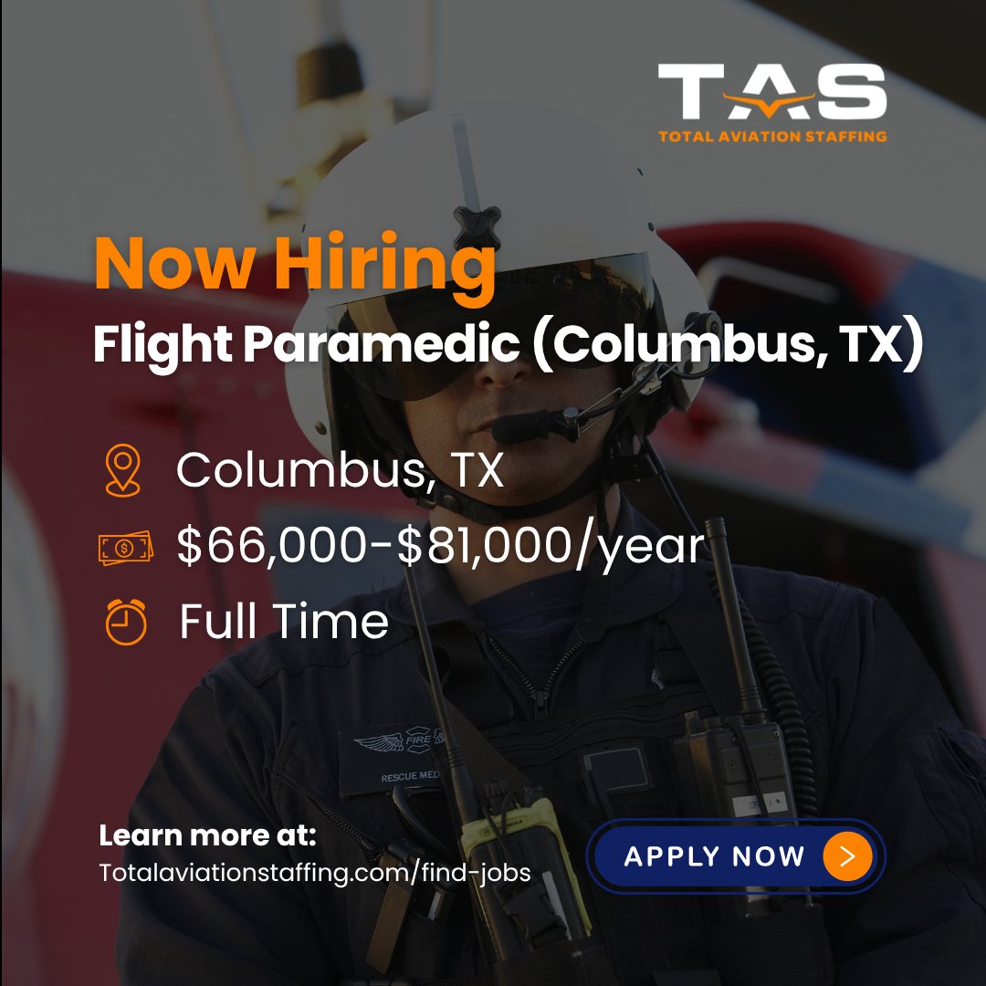aviation_total's tweet photo. ✈️ JOB ALERT: Flight Paramedic in Columbus, TX!

💰 $66,000 – $81,000 / year
🚑 Expert emergency care in a flight environment
📍 Columbus, TX

Apply now: https://t.co/1ZX1xAReWt

#FlightParamedic #EMSJobs #Hiring #ColumbusTX #TexasJobs https://t.co/c1cITZmRIj