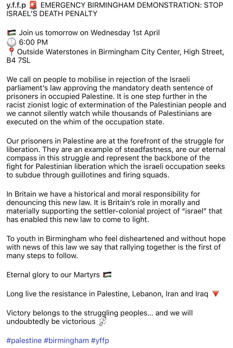 _YFFP_'s tweet image. EMERGENCY DEMONSTRATIONS IN MANCHESTER AND BIRMINGHAM TOMORROW! WE REJECT ISRAEL’S DEATH PENALTY ROW AND DEMAND THE RELEASE OF ALL PALESTINIAN PRISONERS! #YFFP #Manchester #Birmingham #Palestine ⛓️‍💥🔻🗝️ 🇵🇸