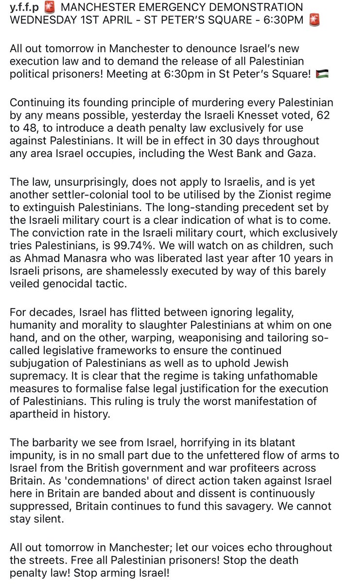 _YFFP_'s tweet image. EMERGENCY DEMONSTRATIONS IN MANCHESTER AND BIRMINGHAM TOMORROW! WE REJECT ISRAEL’S DEATH PENALTY ROW AND DEMAND THE RELEASE OF ALL PALESTINIAN PRISONERS! #YFFP #Manchester #Birmingham #Palestine ⛓️‍💥🔻🗝️ 🇵🇸