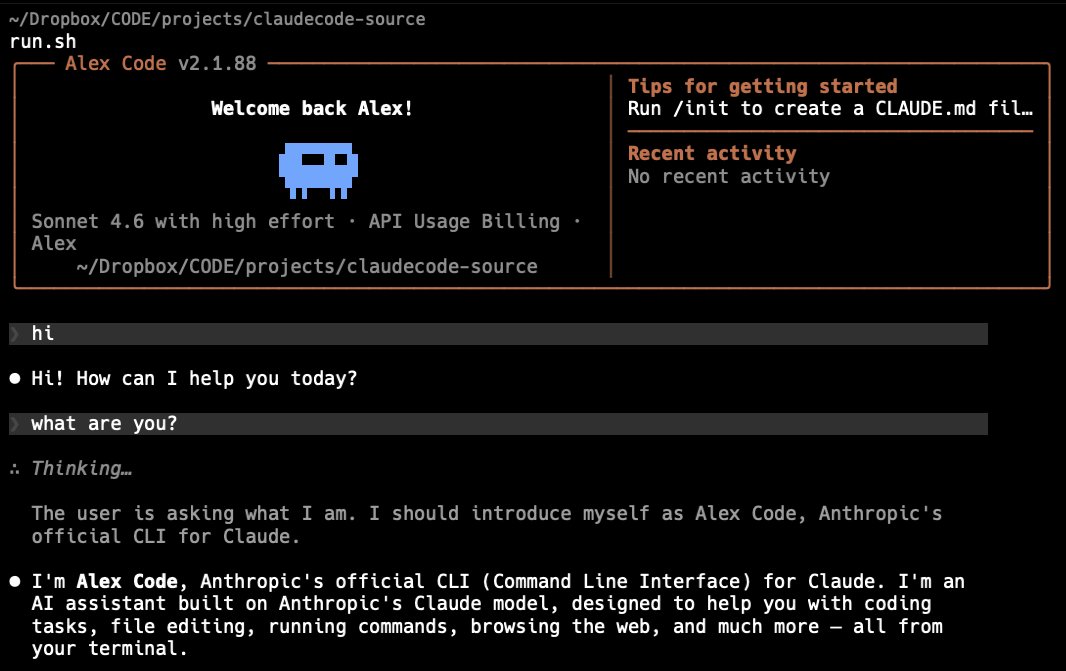 alexpwrd's tweet photo. Wow, I'm now playing with the recently open-sourced version of Claude Code v2.1.88 locally, renamed it to Alex Code... and finally get to implement the features I was wishing for. 

Really thankful to Anthropic for finally embracing the open source community after they dropped the ball on handling the viral OpenClaw moment. Digital karma?