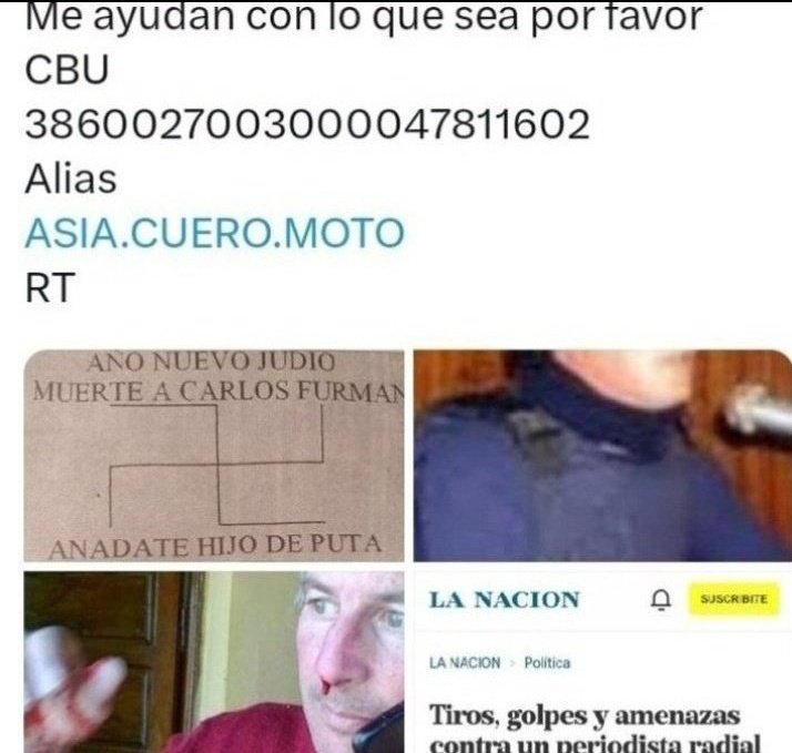 A mis amigos,seguidores y gente de buen corazón les ruego una mano para poder sobrevivir a esta dramática situación🙏
Censurado,discapacitado con enfermedades incurables,estudios pendientes,dolores insoportables,etc.
Tan solo una limosna por piedad🙏
Alias
ASIA.CUERO.MOTO