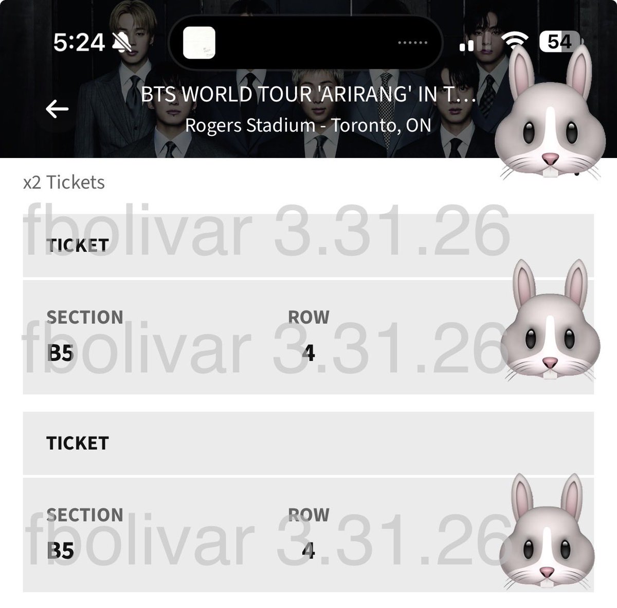 flowbethbo's tweet photo. @875tickets 

🎟️ WTT Toronto BTS

Have: 2 × Day 2 (Aug 23) B5 Row 4 👀

Want: Day 1 (Aug 22) tickets in
B3–B6 / C3–C6 R1–5, or 
West 103–106 R1–3, or 
East 120–123 R1–3 

Safe transfer via FaceTime &amp; PayPal G&amp;S 🙏 DM me! 💜
#875tickettrade https://t.co/UUWtOVHDLg