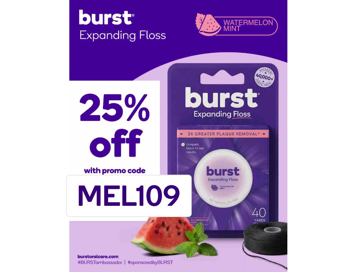 BURST Expanding Floss thickens when it touches your saliva, reaching more surface area for a deeper clean. Its black color helps reveal plaque removal in real time—because seeing is believing. Use code MEL109 for 25% off. #BURSTambassador #sponsoredbyBURST
burstoralcare.com/products/expan…