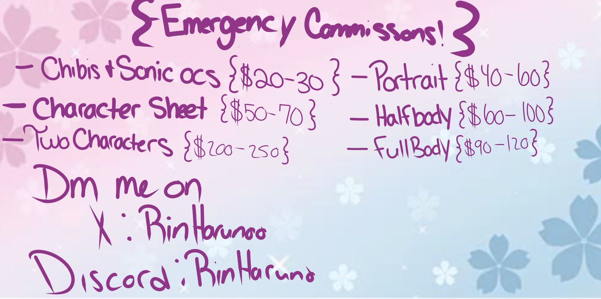 Hey everyone I’m opening up emergency commissions cause I need the money I’m not gonna sugarcoat I’m in a really bad stop and I really could use the help my grandpa is about to go into surgery in 3 weeks and on top of that I might be losing my disability check so sorry to spam