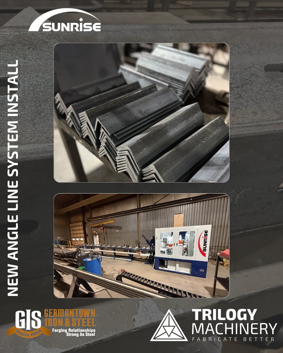 TrilogyMach's tweet photo. Precision in, productivity elevated. 

We recently installed a Sunrise Angle Line System at Germantown Iron & Steel in Jackson, Wisconsin, delivering fully automated punching, shearing, and dot peen marking of angles and flat bar up to 6″ x 6″ x 1/2″ for their structural steel projects. 

This installation expands Germantown’s automated throughput while supporting tighter tolerances, faster changeovers, and seamless integration with their detailing and project management workflows.  

Ready to increase your shop’s capacity and automation? Contact Trilogy Machinery today to discuss an Angle Line System or other Sunrise solutions for your operation.

 #TrilogyMachinery #SunriseALS #AngleLineSystem #StructuralSteel #SteelFabrication #Automation