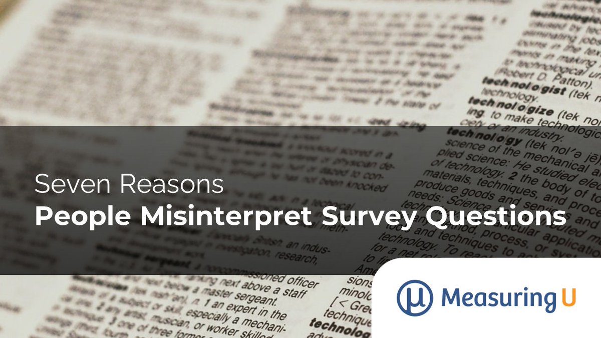 MeasuringU's tweet image. Common reasons people misinterpret #survey questions: grammatical ambiguity, excessive complexity, faulty presuppositions, vague concepts, vague quantifiers, unfamiliar terms, and false inferences. measuringu.com/seven-reasons-…