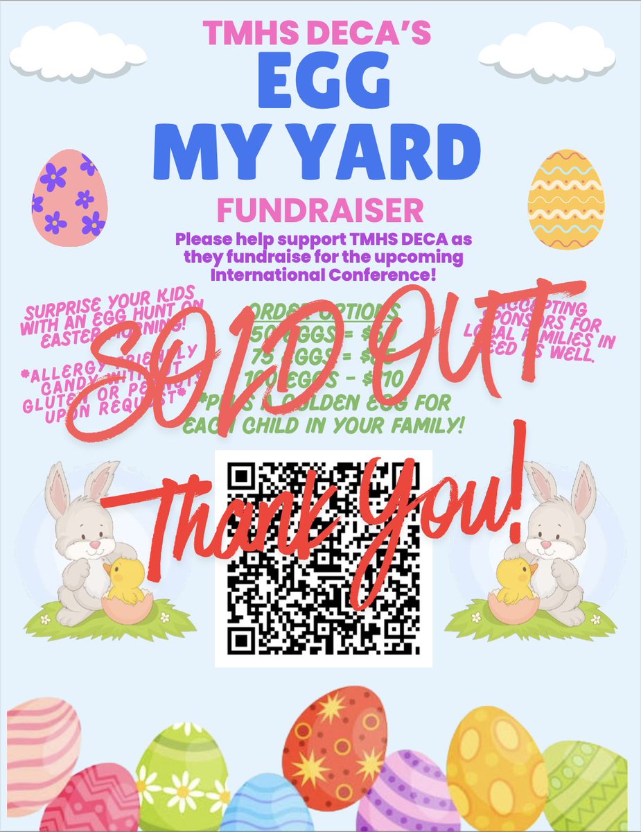 TMHS_DECA's tweet photo. Incredible response for this year's Egg My Yard event as we are SOLD OUT as of noon today! We've received all orders, &amp; we'll be in touch with confirmations! If you placed an order, you're all set! Thank you for the tremendous support &amp; record number of Sponsored Eggings! https://t.co/k2jVcbQ6hf