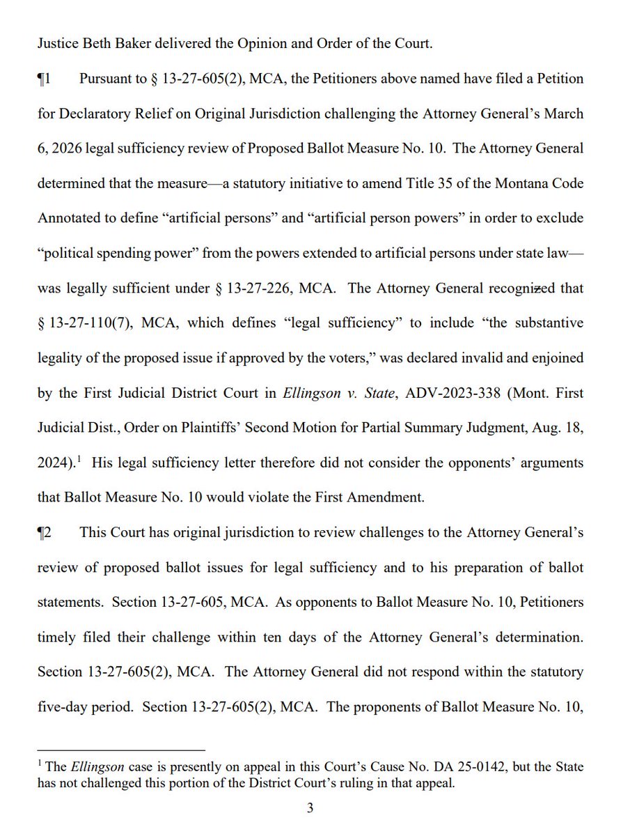MontanaMuckrake's tweet image. ALSO: MT Supreme Court rejected the request of numerous GOP-affiliated lobbying groups to take pre-election jurisdiction and kill Proposed Ballot Measure #10, which defines "artificial persons" and limits their political participation powers, in a 7-0 Order. #mtpol #mtnews