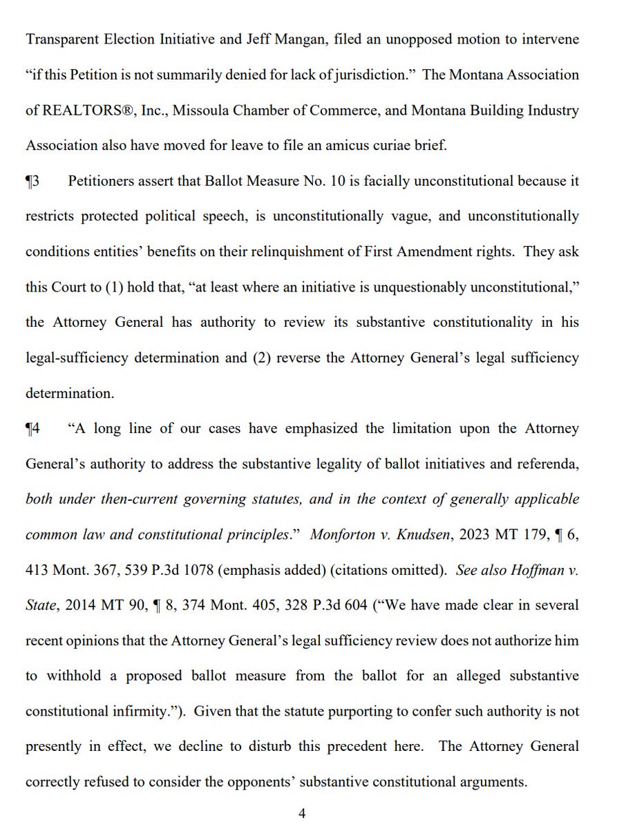 MontanaMuckrake's tweet image. ALSO: MT Supreme Court rejected the request of numerous GOP-affiliated lobbying groups to take pre-election jurisdiction and kill Proposed Ballot Measure #10, which defines "artificial persons" and limits their political participation powers, in a 7-0 Order. #mtpol #mtnews