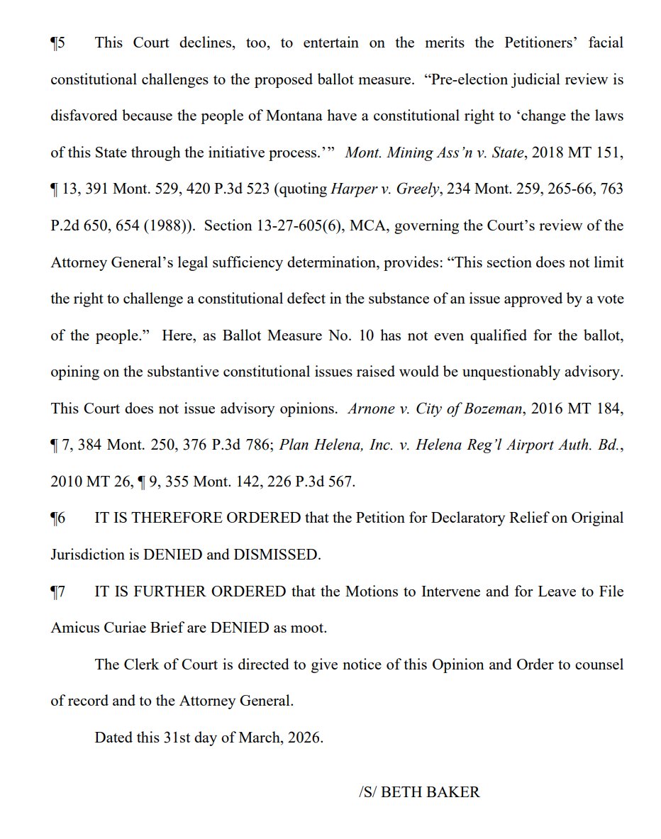 MontanaMuckrake's tweet image. ALSO: MT Supreme Court rejected the request of numerous GOP-affiliated lobbying groups to take pre-election jurisdiction and kill Proposed Ballot Measure #10, which defines "artificial persons" and limits their political participation powers, in a 7-0 Order. #mtpol #mtnews