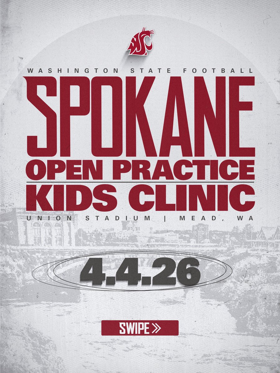 WSUCougarFB's tweet photo. 🚨CALLING ALL SPOKANE COUGS🚨

🏈Open Practice 11:00am to 12:45pm
‼️K-8 kids clinic coached by Cougar players
🎁Take home poster for all campers
✅Online registration required 
🔗Registration for kids clinic is OPEN NOW
📲link in bio

#GoCougs | #MadeOfCrimson https://t.co/pfSv5QEoAK