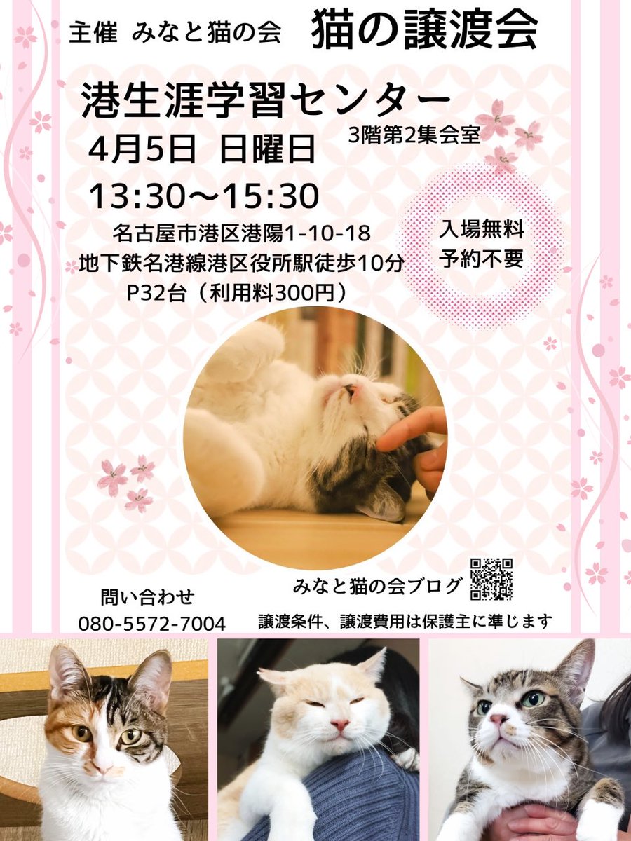 #拡散RP希望
猫たちの「ずっとのおうち」を探しています❣️

名古屋で開かれる譲渡会に、たくさんの保護猫たちが参加予定です

1匹でも多くの猫に赤い糸が繋がるよう、拡散リポストでの応援もお願いします🍀

🗓4月5日(日)13:30-15:30
📍名古屋市港生涯学習センター
予約不要•入場無料

#保護猫譲渡会