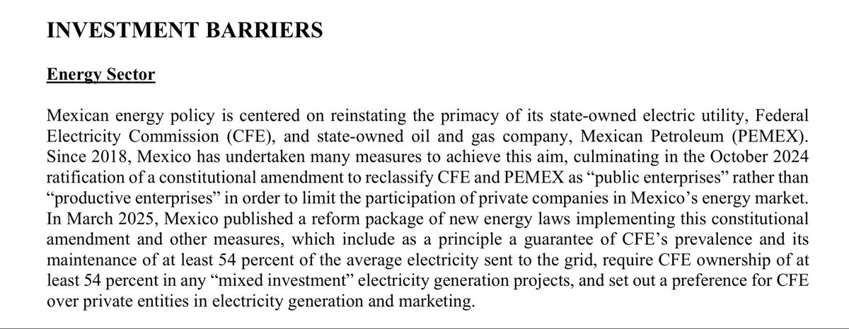 chdz8a's tweet photo. Así como las reformas legales de marzo de 2025 que “incluyen un principio una garantía de prevalencia de CFE y que mantenga al menos el 54% de la electricidad promedio inyectada a la red, y requieren la propiedad de al menos el 54% de cualquier ‘inversión mixta’ en proyectos de… https://t.co/Bh8GX2DMoG