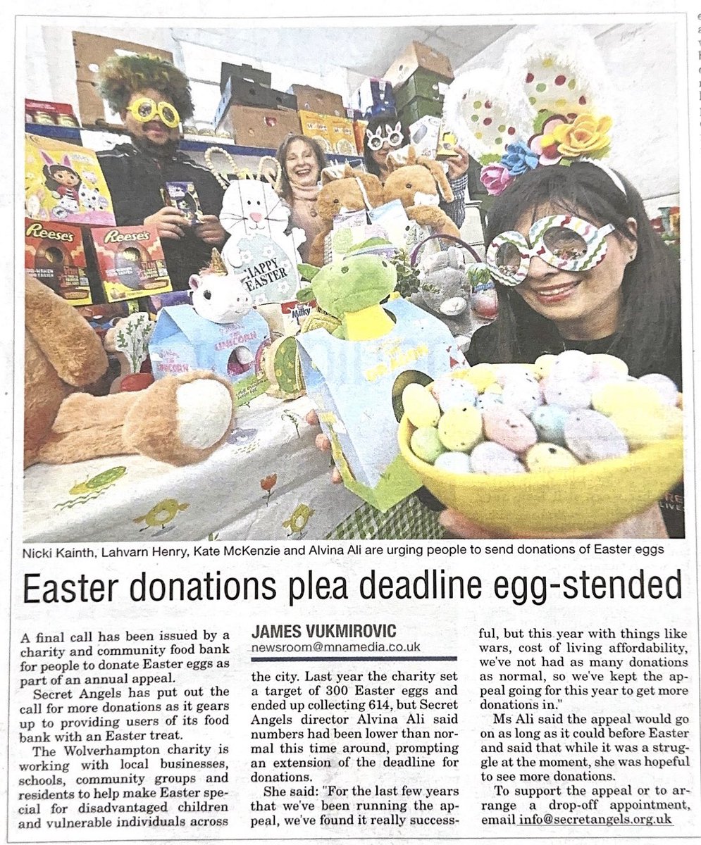 secretangelsuk's tweet image. Every Egg Counts 🐣
We’re in the @ExpressandStar 🐣 Donations are low—help Secret Angels make Easter special. Every egg counts 💛 #EasterAppeal